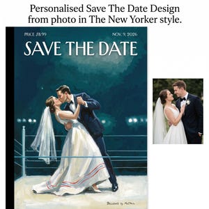 May include: A personalized Save The Date design featuring a painted illustration of a couple in a boxing ring, with the text "SAVE THE DATE", "PRICE $8.99", and "NOV. 9, 2026". The artwork depicts a person in a white gown and a person in a dark suit.