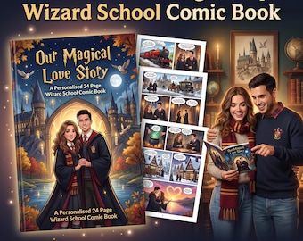 Personalised 24 Page Couple Wizard School Comic Book, Magical Love Story Gift