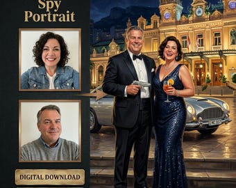 Personalised Spy Couple Portrait in Monte Carlo - Vintage-Themed Couple Art