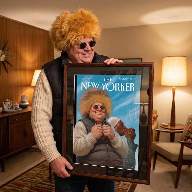 Pu&ograve; includere: Una persona con un cappello di pelliccia e occhiali da sole tiene in mano una copertina incorniciata della rivista The New Yorker. La copertina della rivista presenta un'illustrazione di un uomo con un cappello e occhiali da sole simili. La data della rivista &egrave; il 9 marzo 2020.