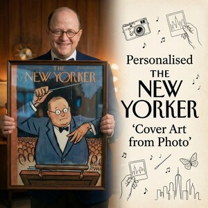 Pu&ograve; includere: Una persona tiene in mano una stampa incorniciata della copertina del New Yorker. La stampa presenta un cartone animato di un direttore d'orchestra. Il testo sulla stampa recita "July 12, 1952" e "The New Yorker". L'immagine include anche il testo "Personalised The New Yorker 'Cover Art from Photo'."