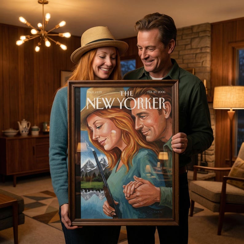Pu&ograve; includere: Una copertina incorniciata della rivista The New Yorker, datata 27 febbraio 2006, raffigurante una coppia in un abbraccio romantico. L'opera d'arte raffigura una donna con un fucile e un uomo, sullo sfondo di una montagna e di un lago. La cornice &egrave; marrone.
