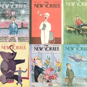 Pu&ograve; includere: Una collezione di copertine vintage della rivista "The New Yorker". Le copertine presentano illustrazioni di Zio Sam, un uomo con farfalle, un uomo su un trattore, un elefante, un uomo con fiori e un uomo con una valigetta.