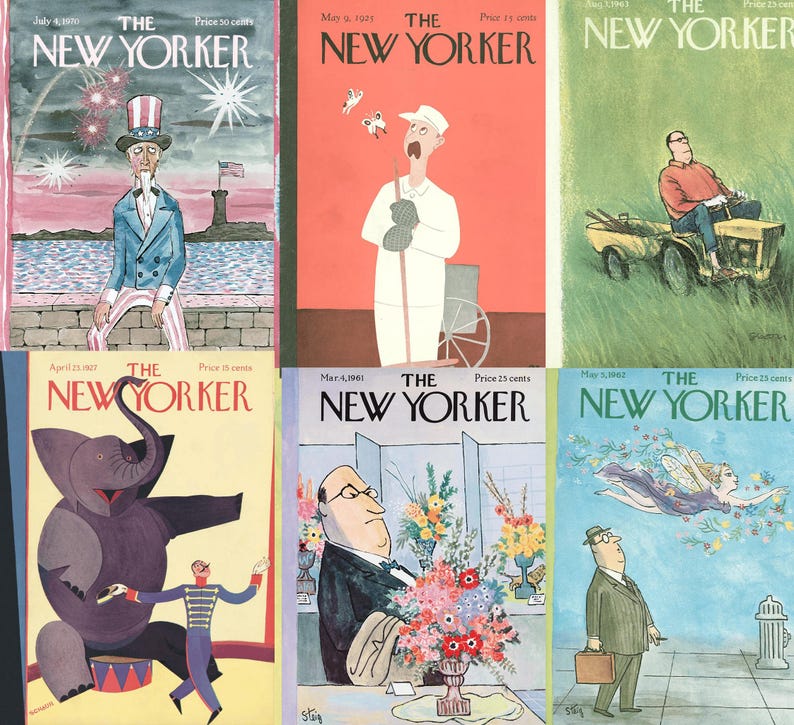 Pu&ograve; includere: Una collezione di copertine vintage della rivista "The New Yorker". Le copertine presentano illustrazioni di Zio Sam, un uomo con farfalle, un uomo su un trattore, un elefante, un uomo con fiori e un uomo con una valigetta.
