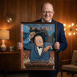 Pu&ograve; includere: Una copertina incorniciata della rivista vintage New Yorker con un'illustrazione di un direttore d'orchestra. La copertina &egrave; in una cornice di legno, tenuta da una persona che indossa un blazer blu. La copertina della rivista &egrave; datata 12 luglio 1952.