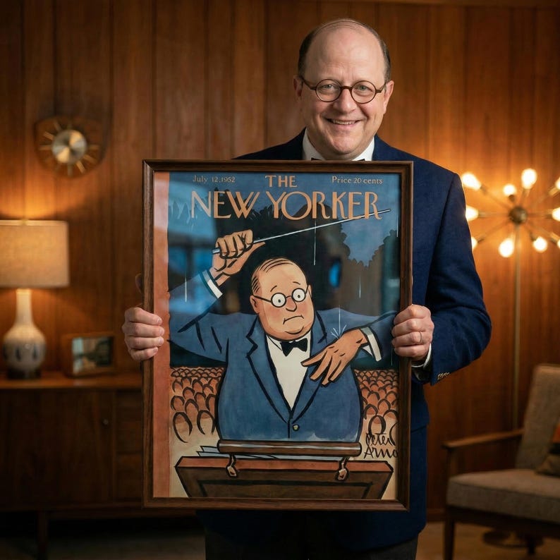 Pu&ograve; includere: Una copertina incorniciata della rivista vintage New Yorker con un'illustrazione di un direttore d'orchestra. La copertina &egrave; in una cornice di legno, tenuta da una persona che indossa un blazer blu. La copertina della rivista &egrave; datata 12 luglio 1952.