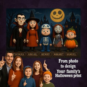 May include: A digital illustration featuring six cartoon characters dressed in Halloween costumes, including a vampire, witch, skeleton, and pumpkin. The names Thomas, Abigail, Henry, Margaret, and Samuel are displayed below the characters. The image also includes a family pointing up.