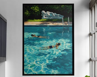 Classical Garden Pool Art,Women Swimmers Digital Print,Sunny Poolside Summer Scene Printable