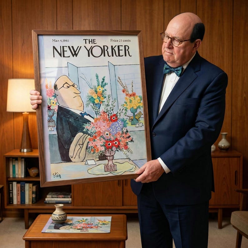 Pu&ograve; includere: Una copertina incorniciata della rivista New Yorker del marzo 1961, con un'illustrazione a fumetti di un uomo in giacca e cravatta che ammira una composizione floreale. La copertina &egrave; in una cornice di legno.