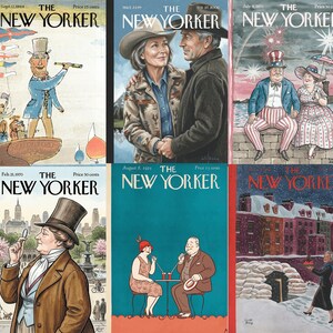 Pu&ograve; includere: Una collezione di sei copertine vintage della rivista New Yorker. Le copertine presentano illustrazioni di varie scene, tra cui coppie, paesaggi urbani e personaggi storici. Ogni copertina mostra il logo e il prezzo della rivista.