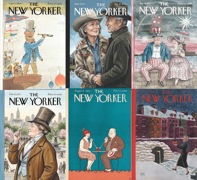 Pu&ograve; includere: Una collezione di sei copertine vintage della rivista New Yorker. Le copertine presentano illustrazioni di varie scene, tra cui coppie, paesaggi urbani e personaggi storici. Ogni copertina mostra il logo e il prezzo della rivista.