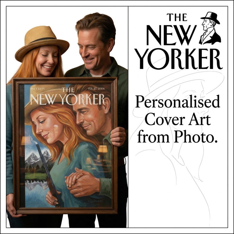 Pu&ograve; includere: Una copertina incorniciata della rivista "The New Yorker" raffigurante una coppia che si abbraccia, con una scena di montagna visibile attraverso una finestra. La copertina &egrave; tenuta da una coppia sorridente. Il testo a destra recita "Personalised Cover Art from Photo."