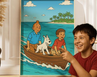 Personalized Tintin Digital Print,Custom Tintin & Friends Kids Wall Art,Kids Room Personalized Art