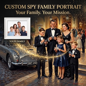 May include: A custom spy family portrait featuring a family in formal attire standing next to a silver sports car. The text reads CUSTOM SPY FAMILY PORTRAIT Your Family. Your Mission. A framed photo of a family is displayed above the car.