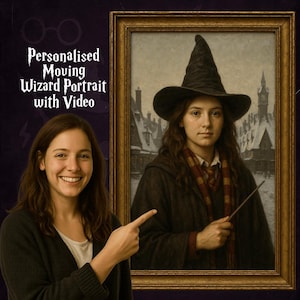 May include: A framed portrait of a young woman in a wizard's hat and robes, holding a wand. The portrait is in a gold frame. Text above the woman reads "Personalised Moving Wizard Portrait with Video."