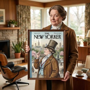 Pu&ograve; includere: Una copertina incorniciata della rivista New Yorker del 21 febbraio 1970, con un'illustrazione di una donna con cilindro e lente d'ingrandimento davanti a uno skyline. La copertina &egrave; tenuta da una persona con un cappotto marrone.