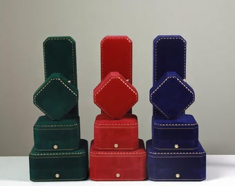 Velvet Jewelry Box, Octagonal Ring, Pendant, Bracelet & Long Chain Case, Gold Rim Design, 7 Colors, Elegant Felt Gift Box Organizer
