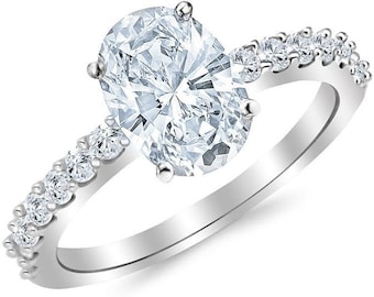 14K White Gold 1.5 Ct Lab-Grown IGI Certified Oval Diamond Ring, Prong Set, E-F Color, VS2-SI1 Clarity, 1 Ct Center Stone.