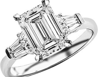 14K White Gold 2–5.5 Ct Lab-Grown Diamond Ring, Prong Set Round & Baguette, E-F Color, VS1-VS2 Clarity, 1.5 Ct Center Stone.