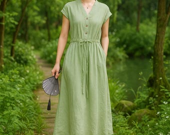 Soft Green Linen Midi Dress | Elegant Summer Cottagecore Style