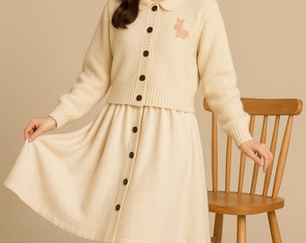 Cute Bunny Knit Cardigan – Soft Beige Sweater with Embroidery