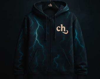 Dark Lightning Zip Hoodie – Navy Blue Thunder Graphic | Unisex Streetwear with ch Logo