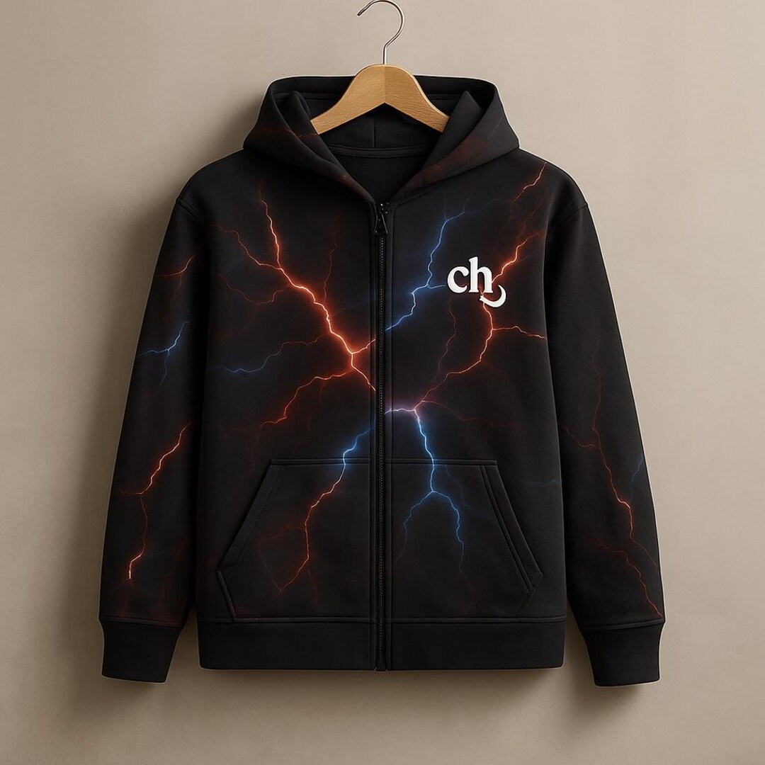 Lightning Bolt Zip Hoodie – Black Streetwear Jacket With Red