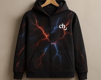 Lightning Bolt Zip Hoodie – Black Streetwear Jacket with Red & Blue Thunder Print | Unisex Oversized Sweatshirt | CH Logo