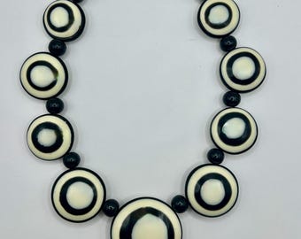Vintage Marion Godart Paris Black & Cream Lucite Mod Circle Necklace