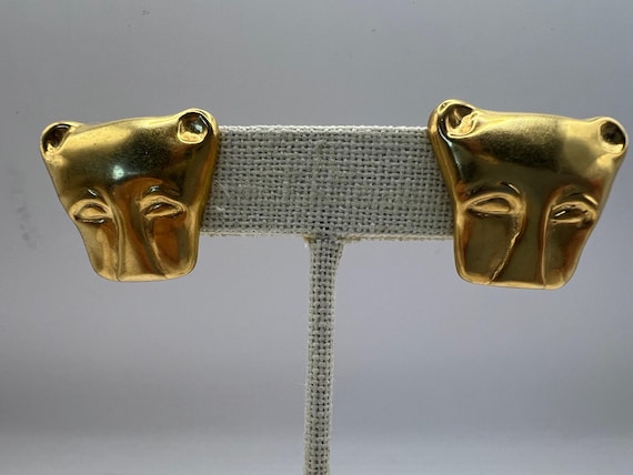 Vintage Kenneth Jay Lane Lioness Earrings – Gold-… - image 1