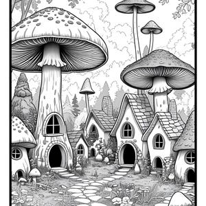 Może przedstawiać: Czarno-biała ilustracja fantazyjnej wioski grzybowej. Obraz przedstawia domy w kształcie grzybów z łukowatymi drzwiami i oknami, połączone kamienną ścieżką. Duże grzyby górują nad domami, tworząc fantastyczną scenerię.