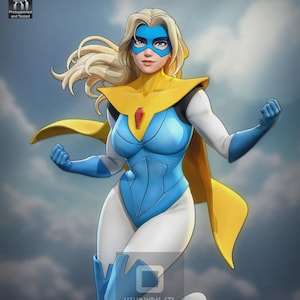 Puede incluir: Una figura de superheroína renderizada en 3D con cabello rubio, que lleva un body azul y blanco, una capa amarilla y una máscara azul. La figura posa con los puños cerrados contra un fondo de cielo nublado. Incluye el texto "Presupported and Tested" y "HIHOWRU STL".