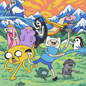 Puede incluir: Ilustración colorida en pixel art con personajes de la serie animada Adventure Time. La imagen incluye a Finn, Jake, la Princesa Chicle, el Rey Helado, Marceline y otros personajes ambientados en un telón de fondo de montañas, una puesta de sol y un paisaje verde.