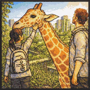 May include: A cross-stitch art piece depicts a giraffe interacting with two people. The giraffe has a patterned orange and brown coat. The background shows a cityscape and lush greenery. The people are wearing casual clothing.