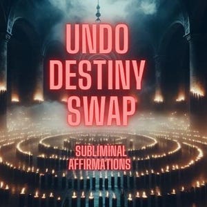May include: A digitally created image featuring the text "UNDO DESTINY SWAP" in bright pink neon against a dark, atmospheric background. The words "SUBLIMINAL AFFIRMATIONS" are below. The scene includes rows of lit candles.