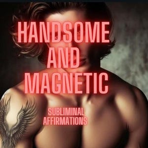 Puede incluir: Imagen de una persona con el texto "HANDSOME AND MAGNETIC" en fuente roja brillante. Debajo del texto, las palabras "SUBMLIMINAL AFFIRMATIONS" también están en rojo. La persona tiene un tatuaje de alas en el hombro.