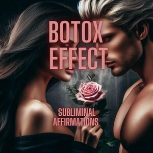May include: An artistic image featuring a man and woman facing each other, with the text "Botox Effect" and "Subliminal Affirmations" overlaid. A pink rose is held between them. The background is dark.