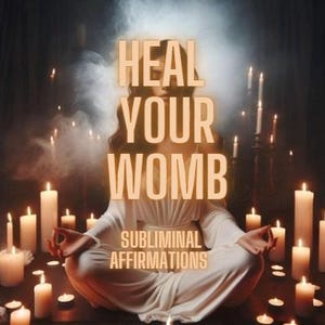 May include: An image featuring a person in a white robe meditating amidst numerous lit candles. The text "HEAL YOUR WOMB" is prominently displayed, with "SUBLIMINAL AFFIRMATIONS" below. The scene is dimly lit, creating a spiritual atmosphere.