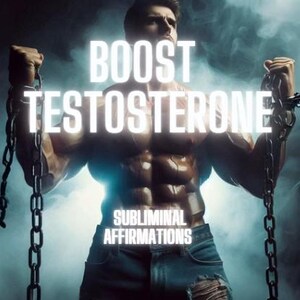 May include: A digitally enhanced image showing a muscular figure holding chains. The words "BOOST TESTOSTERONE" are prominently displayed, with "SUBLIMINAL AFFIRMATIONS" below. The background is dark and smoky.