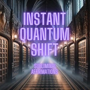 Könnte beinhalten: Ein langer Gang mit Holztüren auf beiden Seiten. Der Text "INSTANT QUANTUM SHIFT" ist in großen, leuchtenden lila Buchstaben dargestellt. Darunter steht der Text "SUBLIMINAL AFFIRMATIONS".
