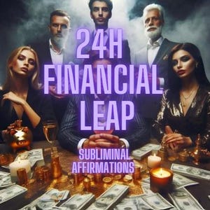 Peut inclure: Image d'un groupe de personnes autour d'une table couverte d'argent, de bougies et de pièces d'or. Le texte "24H FINANCIAL LEAP" est affiché en évidence, avec "SUBLIMINAL AFFIRMATIONS" en dessous. Une tirelire dorée est visible.