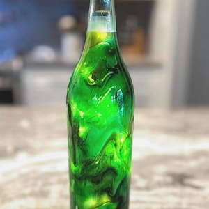 Green Marble Lighted Wine Bottle – Hand-Painted Resin Art with Cork Top Twinkle Lights | Coastal Decor From Beth Scott’s Studio