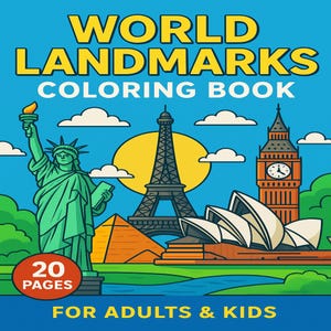 以下が含まれることがあります： 「WORLD LANDMARKS COLORING BOOK」の文字が入った青色の塗り絵本の表紙。自由の女神、エッフェル塔、ビッグベン、シドニーオペラハウスのイラストが描かれています。この本は20ページで、大人と子供向けです。