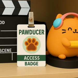 Puede incluir: Una figura de gato naranja con auriculares rosas y un lápiz amarillo. Una credencial blanca con el texto "PAWDUCER" y una huella de pata está sujeta a una claqueta de cine en blanco y negro que dice "HOLLYWOOD".