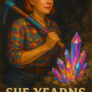 Può includere: Dipinto di una persona con un piccone, con una camicia a quadri colorata e un gruppo di cristalli. Il testo in basso recita "SHE YEARNS FOR THE MINES". I cristalli sono nelle tonalità del viola, blu e arancione.