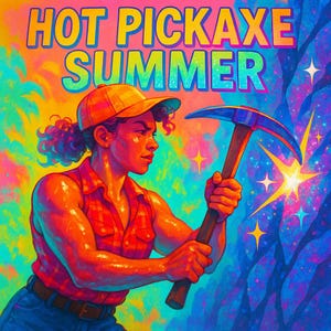 May include: A colourful illustration featuring a person holding a pickaxe, with the words "HOT PICKAXE SUMMER" above. The person is dressed in a red plaid shirt, blue jeans, and an orange cap. The background is a mix of blues, greens, and yellows, with sparkling stars.