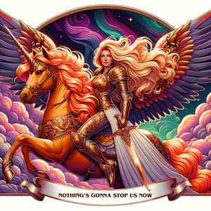 May include: A digital illustration of a woman in golden armor riding a golden unicorn with large purple wings. The woman has long blonde hair and is holding a sword. The banner at the bottom reads "NOTHING'S GONNA STOP US NOW."