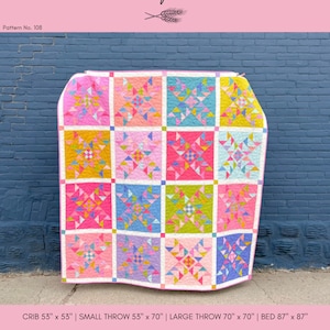 May include: A colorful quilt pattern called "Birdling Quilt" with a variety of pink, yellow, blue, and green colors. The pattern is available in four sizes: crib, small throw, large throw, and bed. The quilt pattern is by Amanda Loewen of Prairie Quilt Co. and is available on their website.