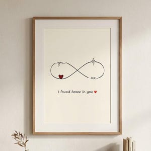 Puede incluir: Impresión artística enmarcada con un símbolo de infinito negro, las palabras "you" y "me", un corazón rojo y una línea de latidos. El texto "I found home in you" está debajo, con un corazón rojo. El marco es marrón claro.