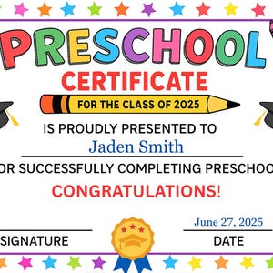 Editable Preschool Graduation Certificate | Printable Diploma for Kids | Canva Template